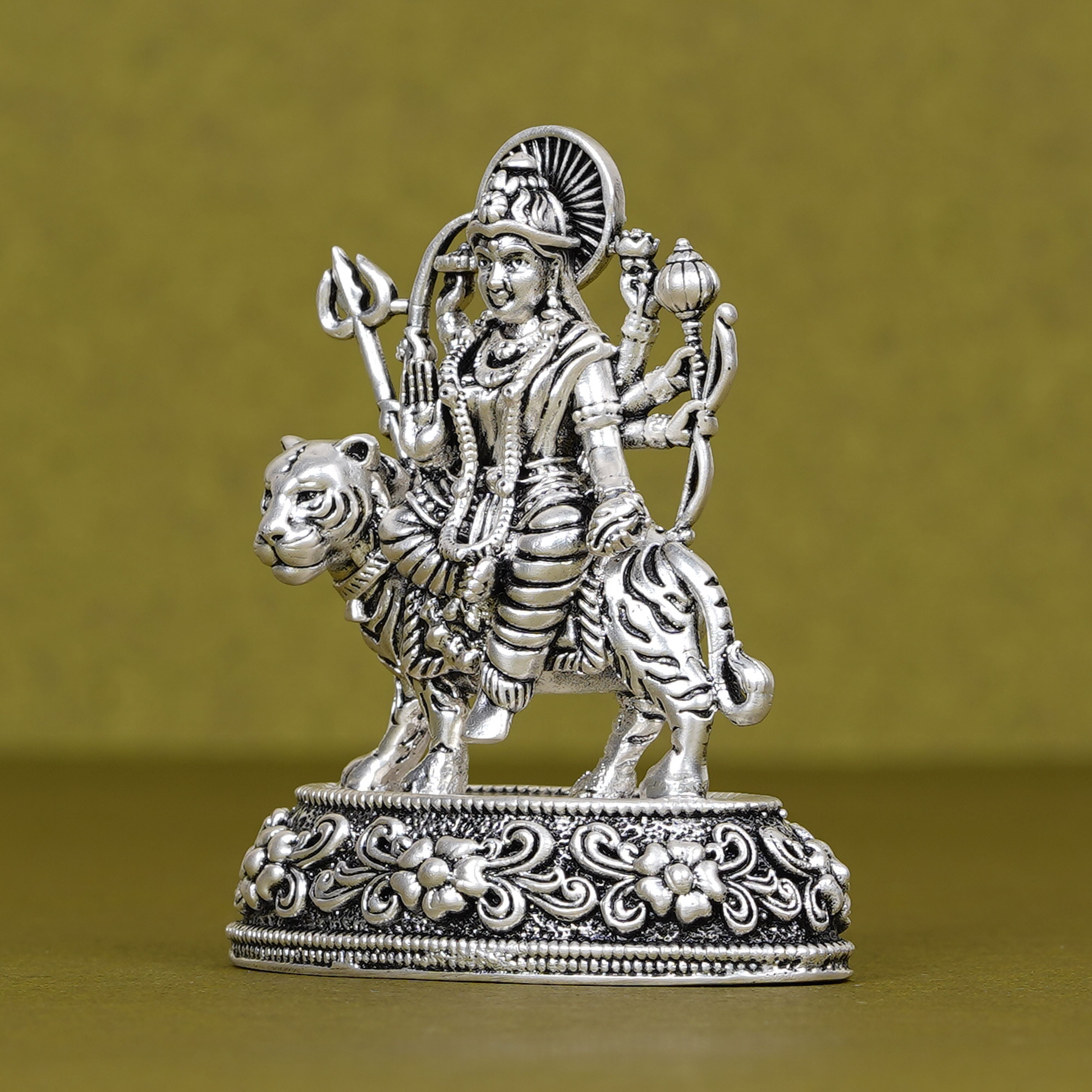 Durga Ji on Tiger Idol in Silver Plating for Car Dashboard