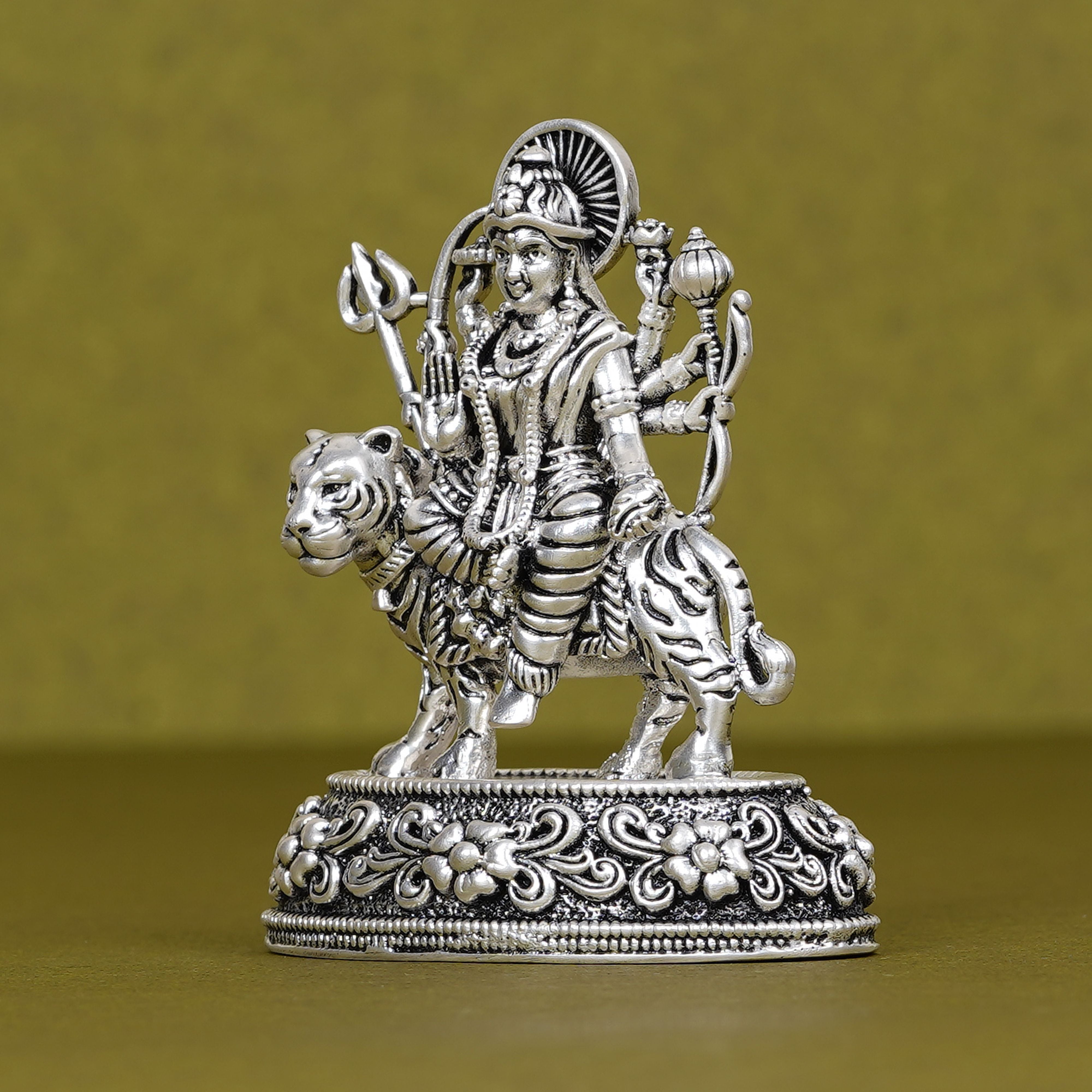 Durga Ji on Tiger Idol in Silver Plating for Car Dashboard