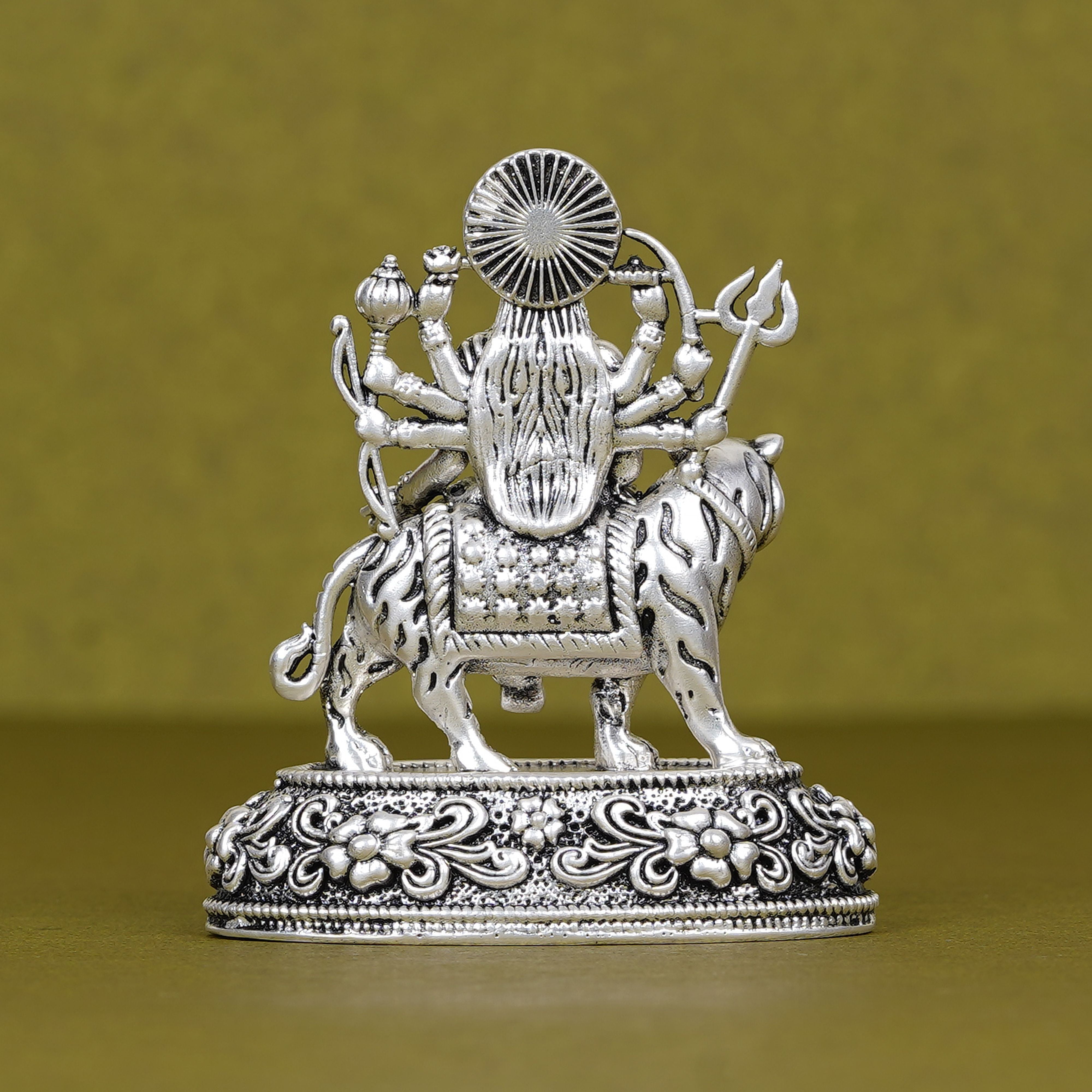 Durga Ji on Tiger Idol in Silver Plating for Car Dashboard