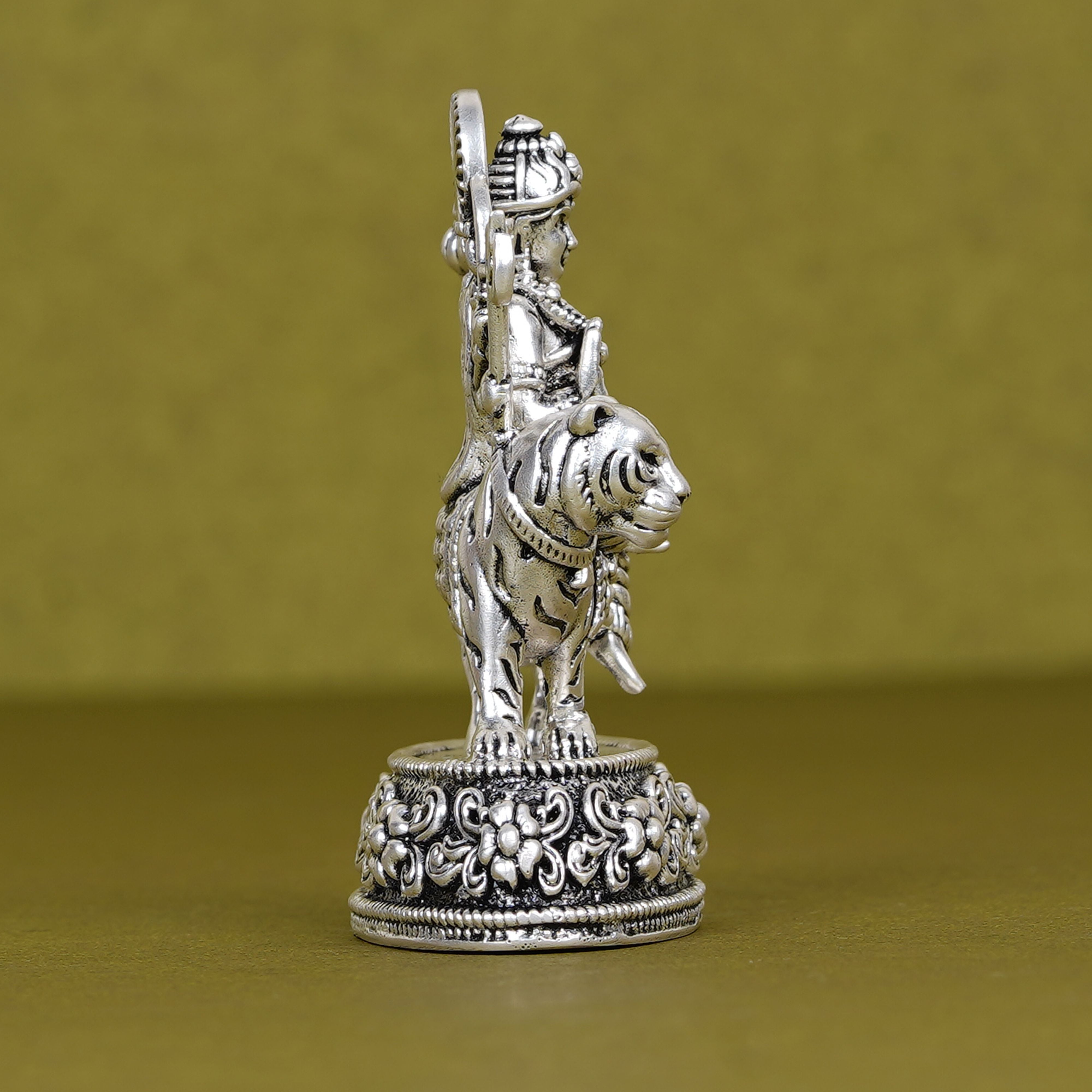 Durga Ji on Tiger Idol in Silver Plating for Car Dashboard
