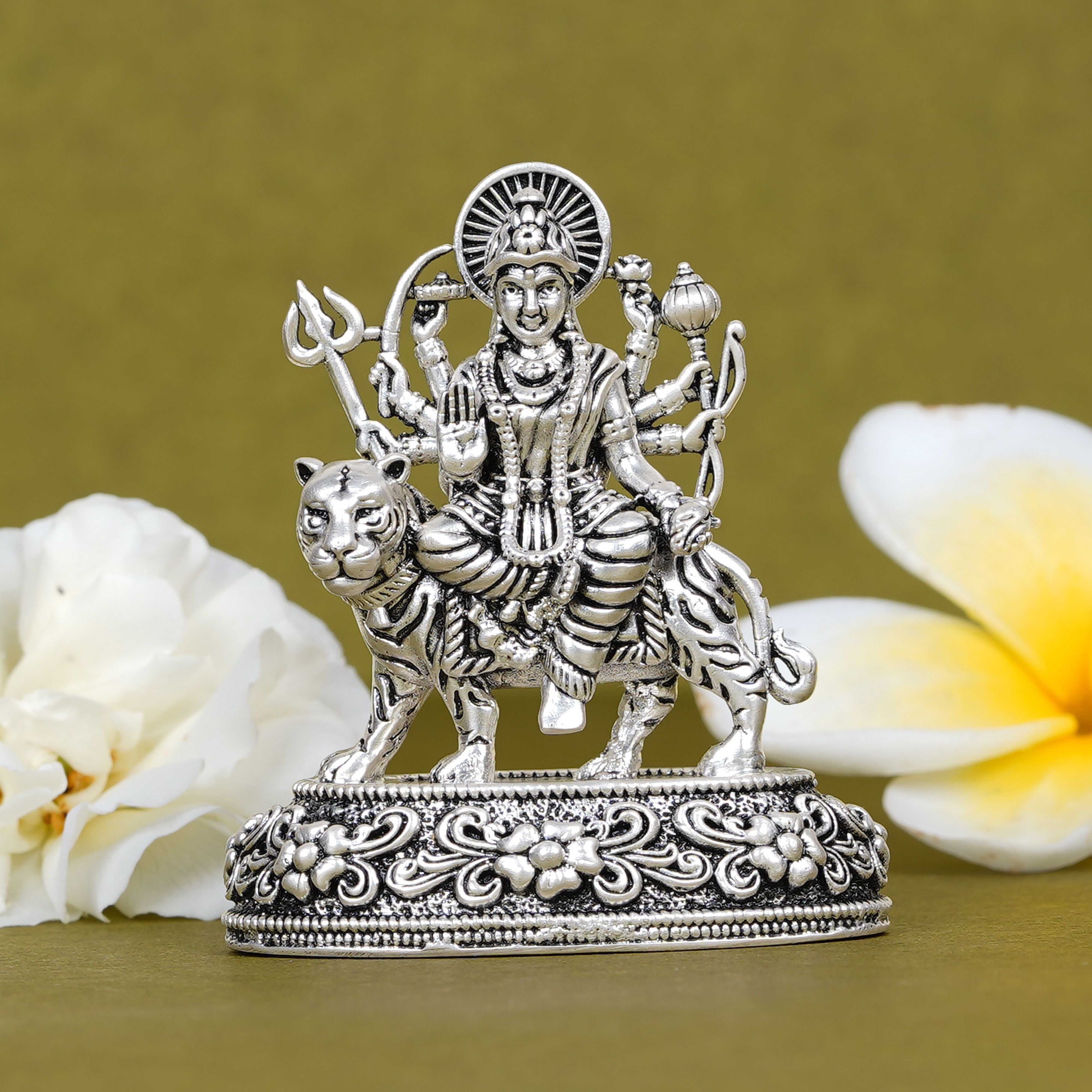Durga Ji on Tiger Idol in Silver Plating for Car Dashboard