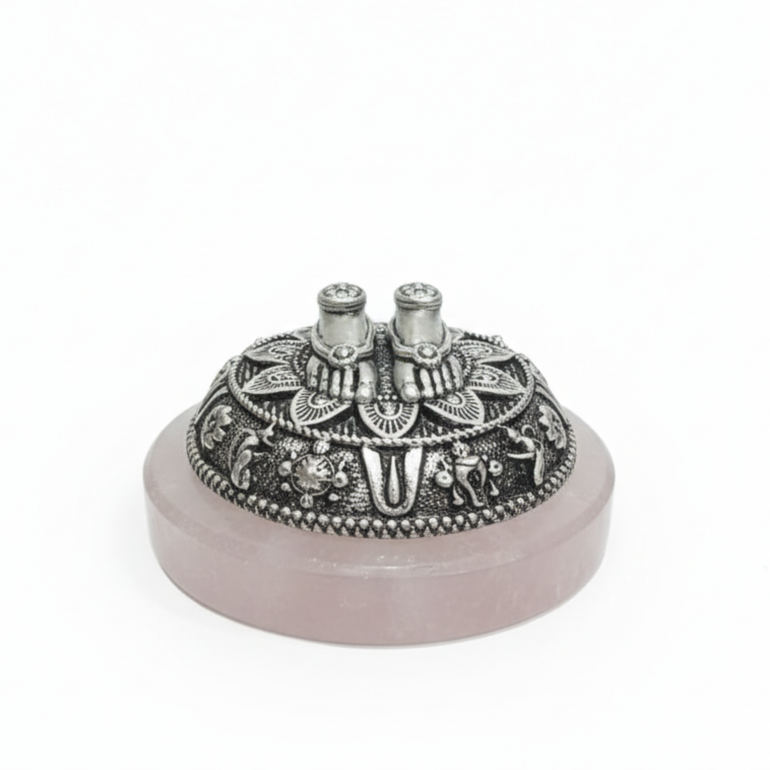 Divine Lakshmi Charan Paduka on Rose Quartz Base – Silver Finish