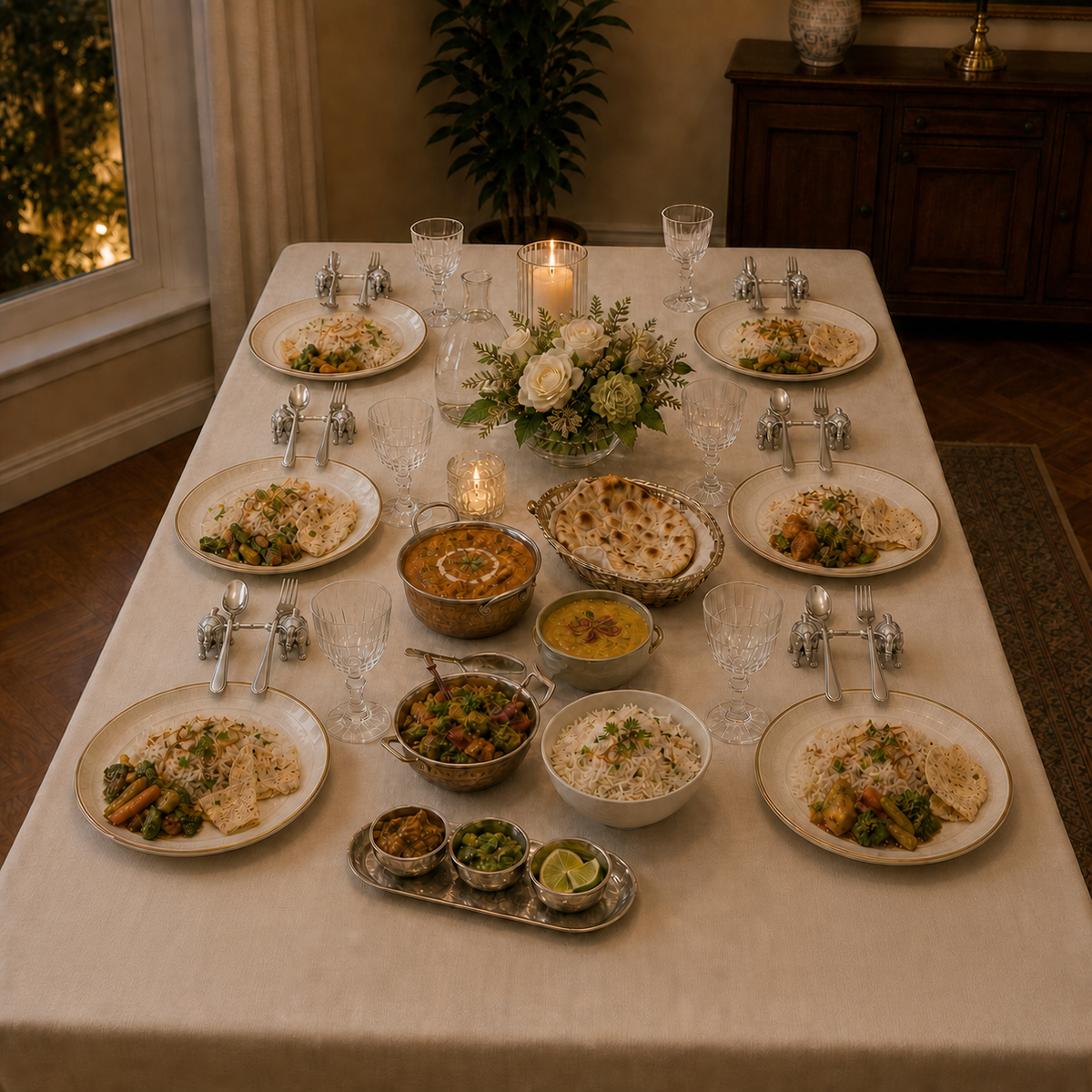 Six silver-plated elephant spoon rests used at a six-seat dining table