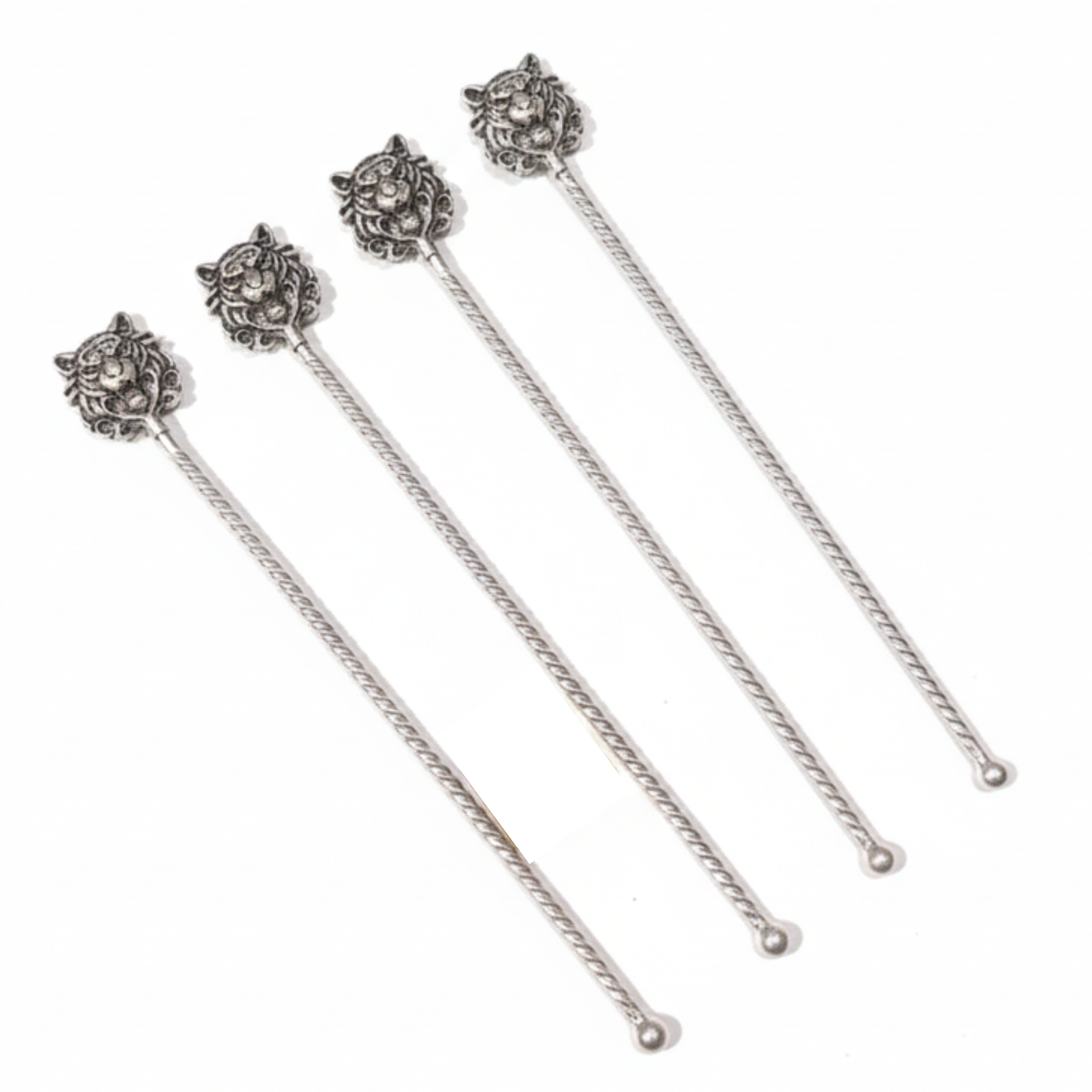 Luxury Silver Tiger Head Stirrer Set – Set of 4 in Velvet Box