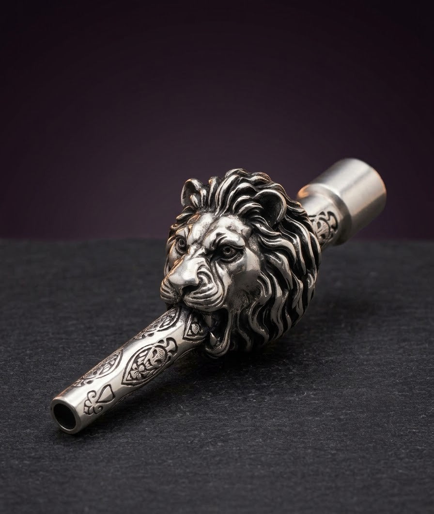 Close-up of the antiqued lion mane and engraved shaft on a silver-plated brass hookah tip