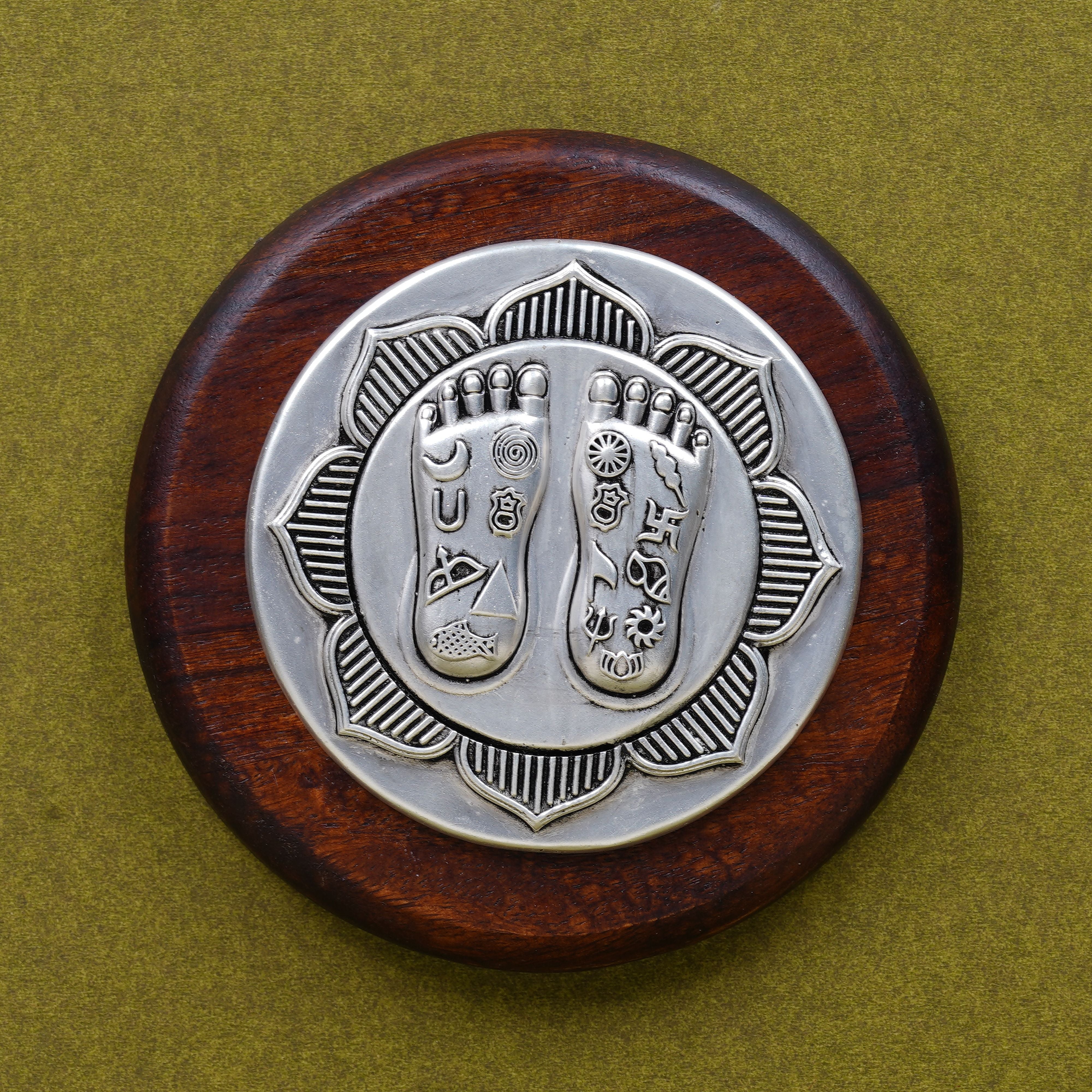 Lakshmi Charan on Lotus  Set on Elegant Wooden Plank/Rose Quartz