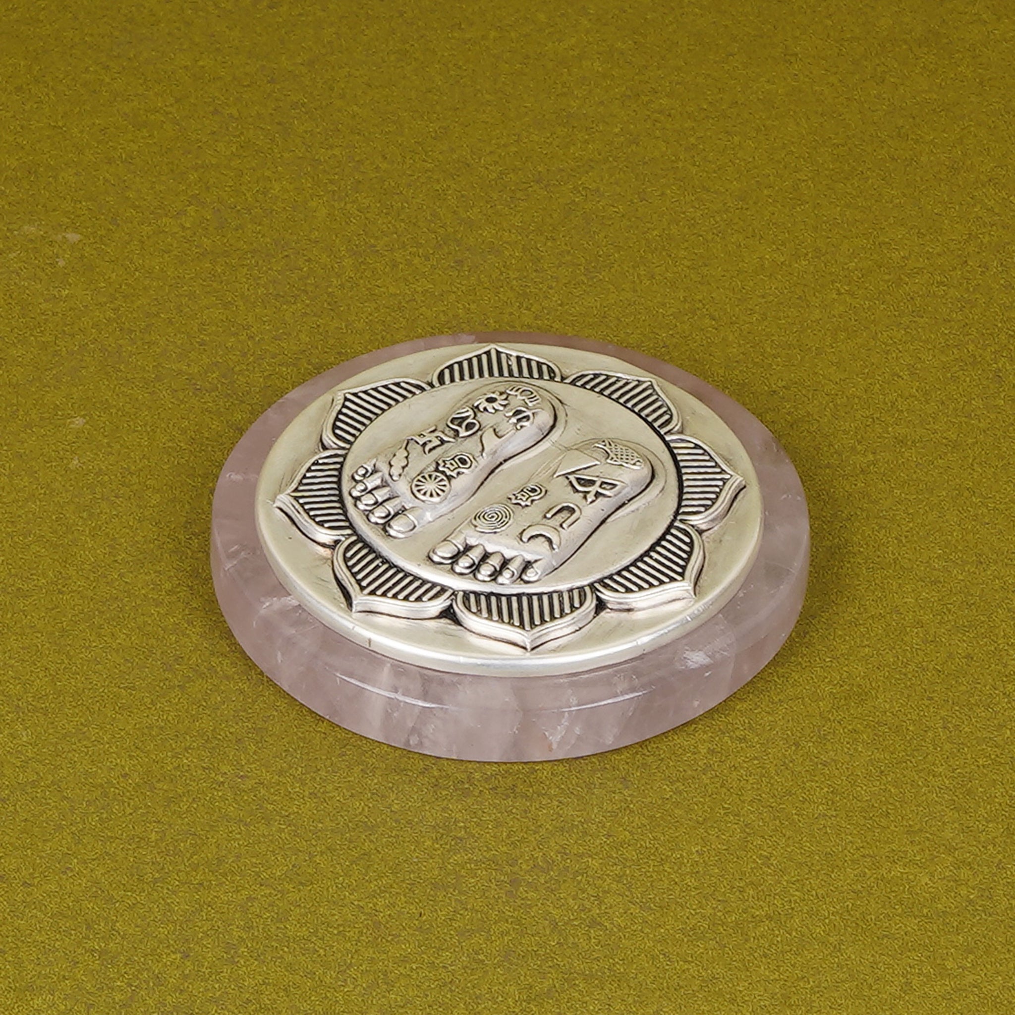 Lakshmi Charan on Lotus  Set on Elegant Wooden Plank/Rose Quartz