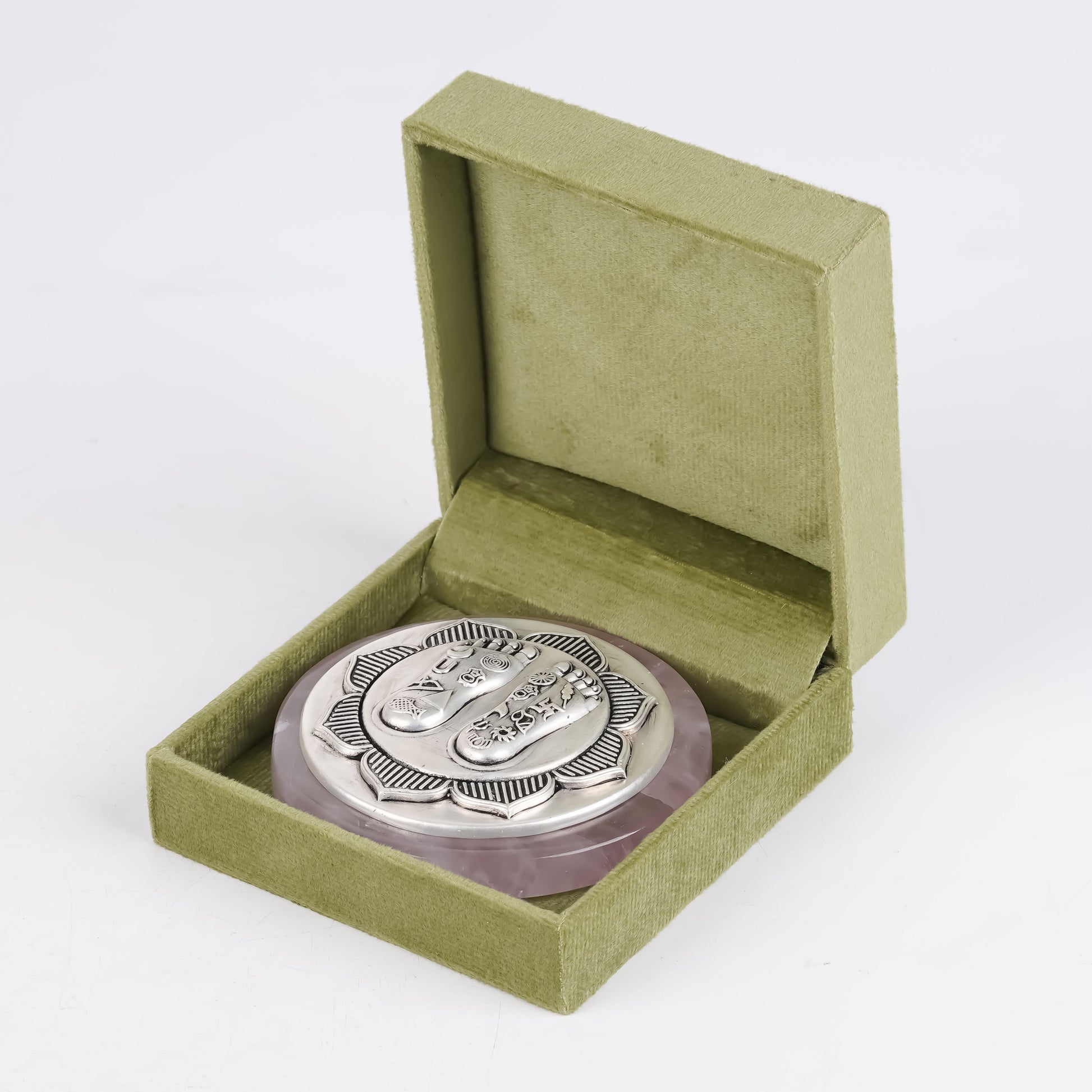 Lotus Lakshmi Charan silver charm on square wooden base