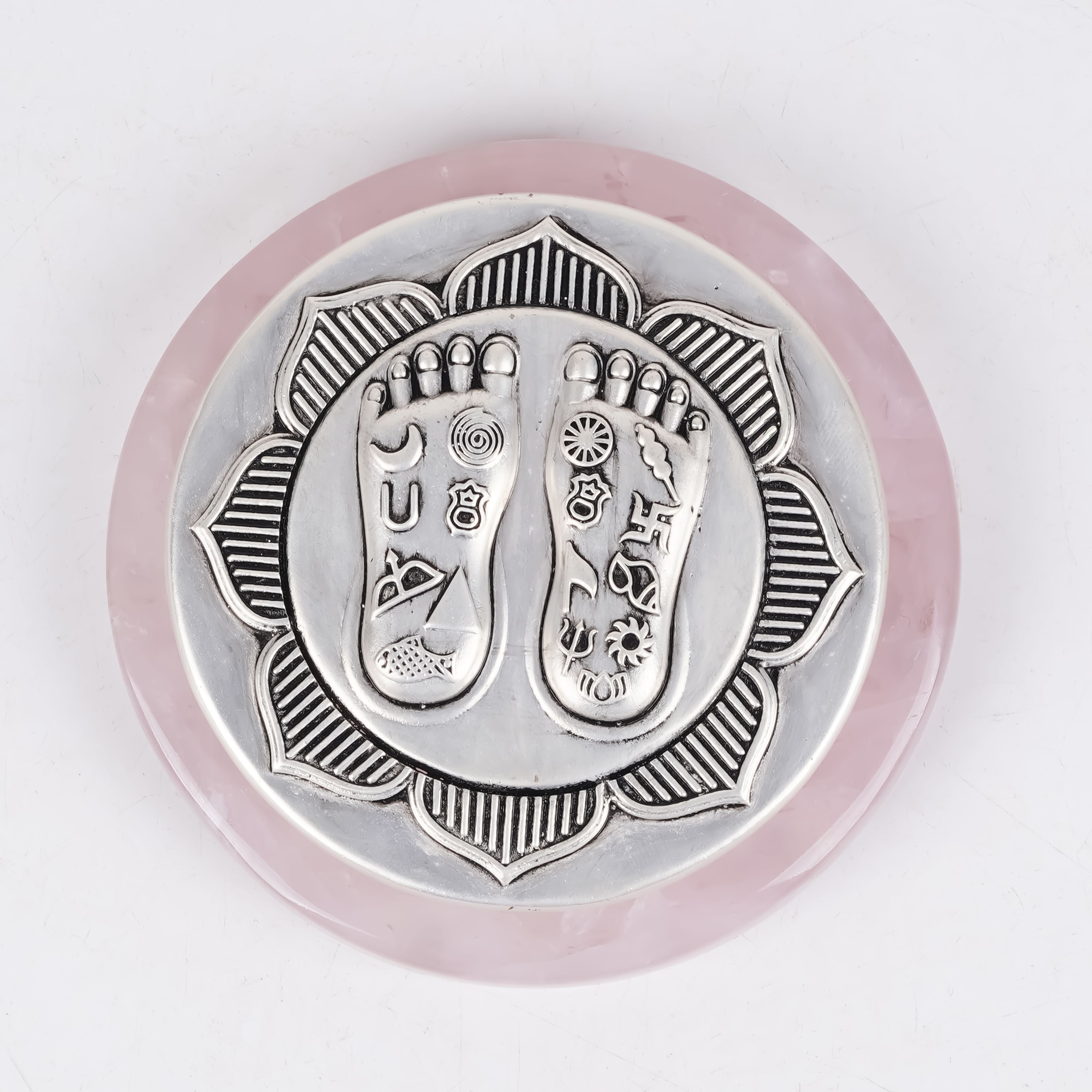 Lakshmi Charan on Lotus  Set on Elegant Wooden Plank/Rose Quartz