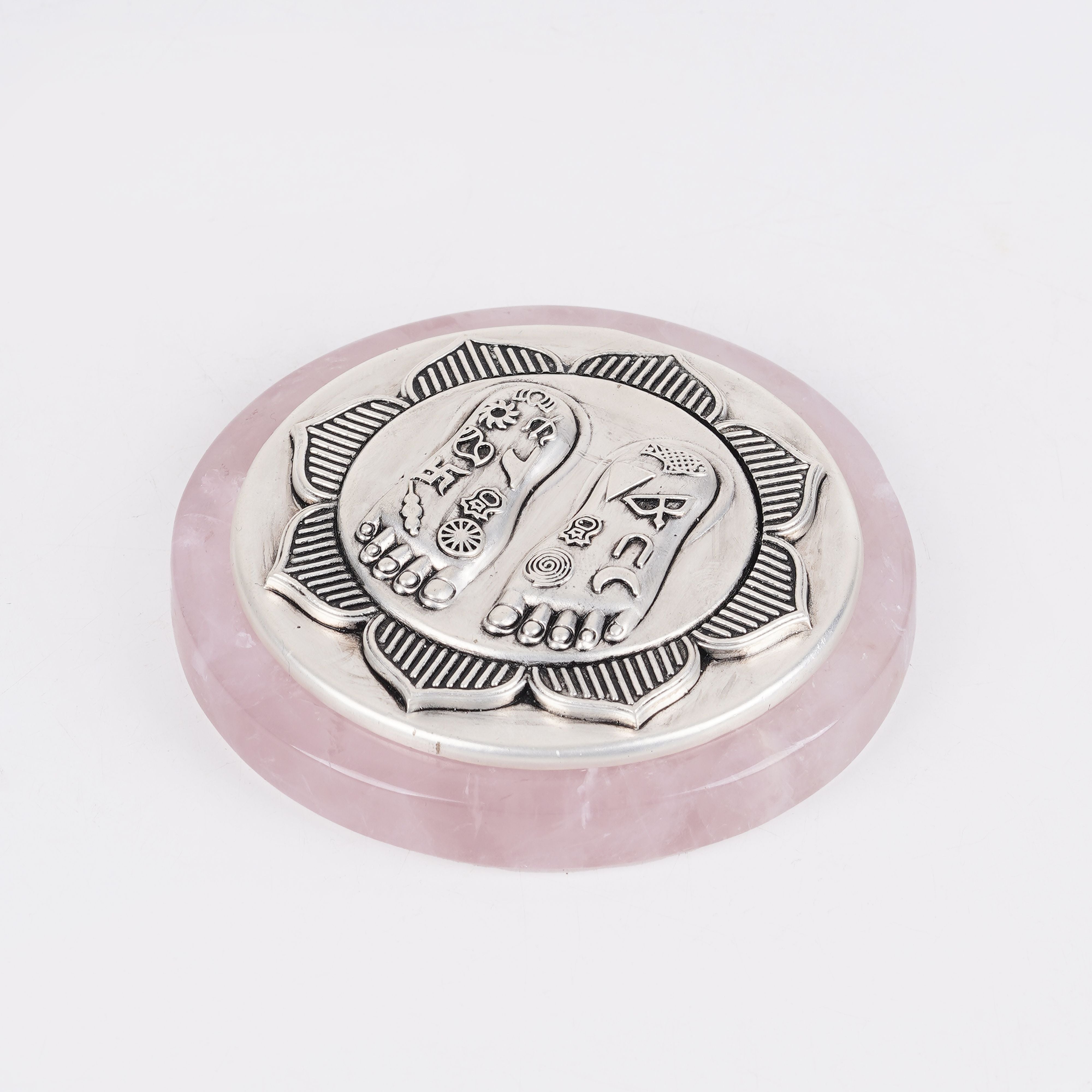 Lakshmi Charan on Lotus  Set on Elegant Wooden Plank/Rose Quartz