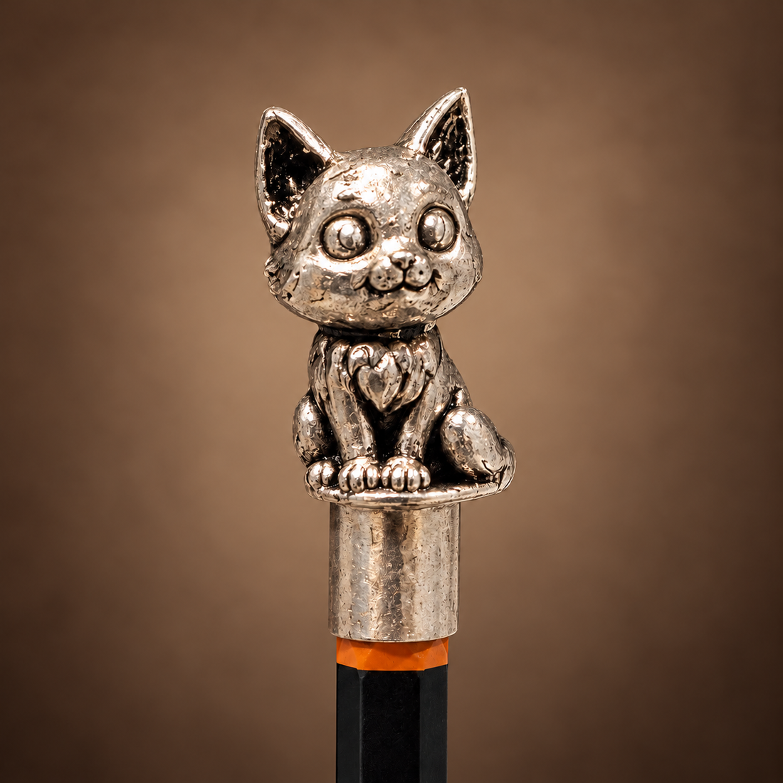 Close view of the kitten's face and paws in pure silver plating on a high-grade brass base