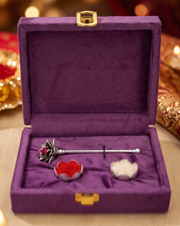 Rajatkamal lotus tilak stick and 2 lotus katoris with roli and rice in pure silver plating, in an open velvet gift box