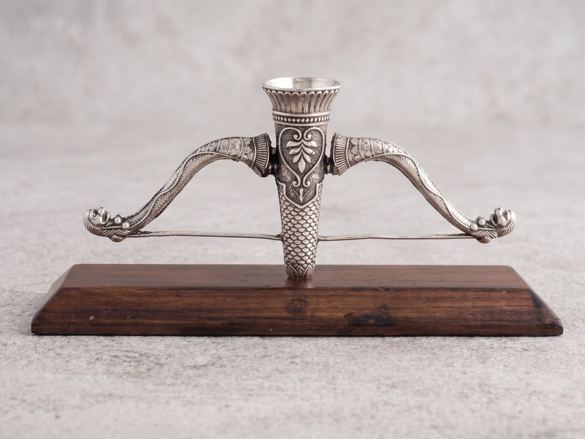 Ram Dhanush agarbatti stand in pure silver plating on a wooden stand, one piece from the gift box
