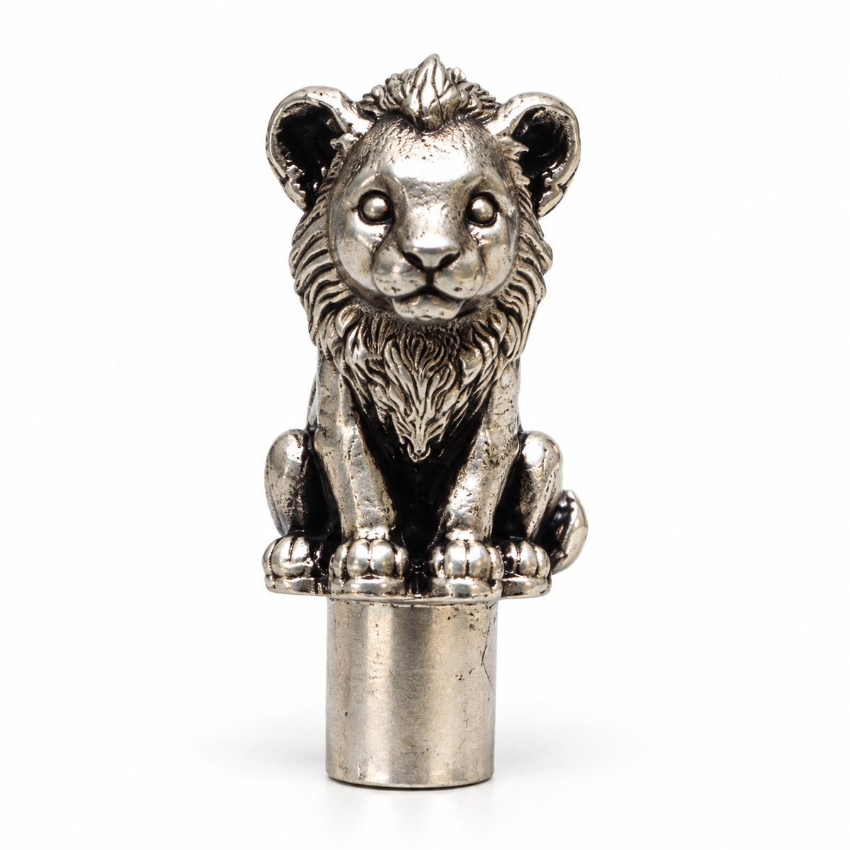 Sheru lion cub pencil topper in pure silver plating, front view