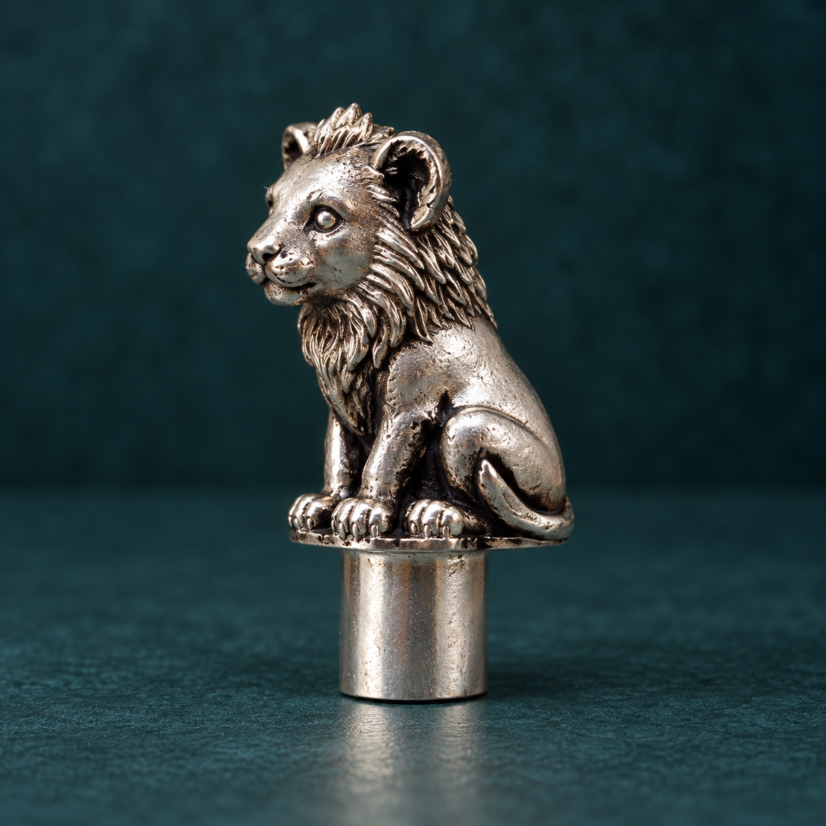 Side view of the Sheru lion cub pencil topper showing the hand-antiqued mane and curled tail